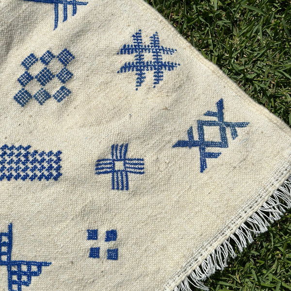 Tapis berbère Hanbal bleu amazigh 100% coton - 150cm/100cm