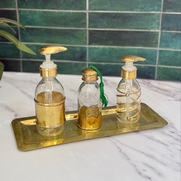 Distributeur de savon en verre et laiton doré Martelé