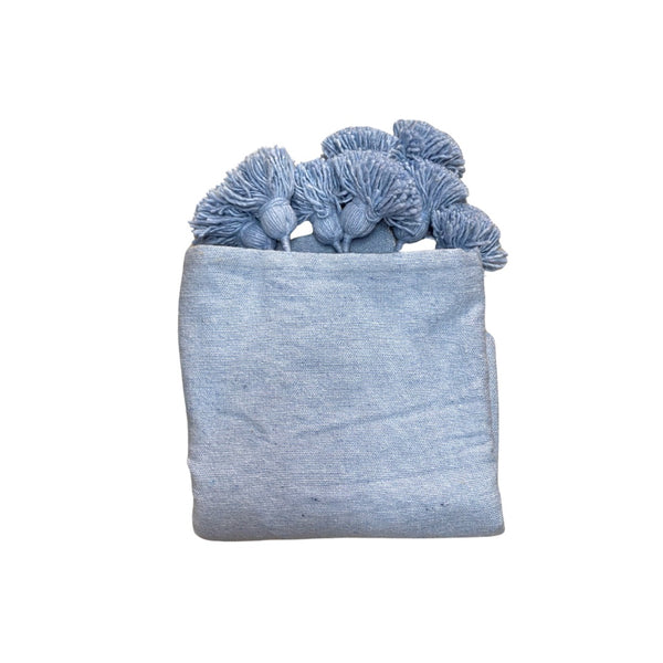 Plaid uni à pompon 90cm/180cm bleu ciel - Ajbir