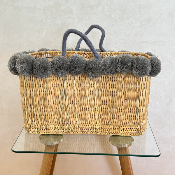 Panier en paille hsira à pompon bleu - Ajbir