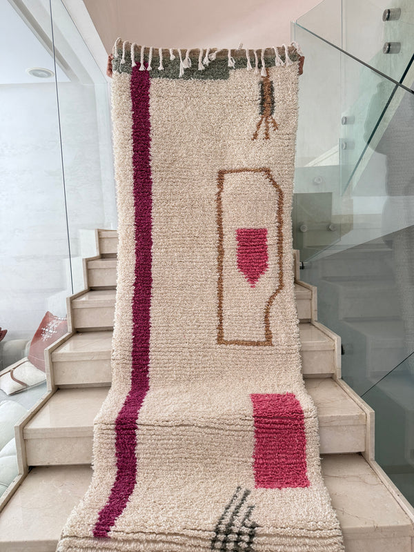 Tapis Berbère Runner Azilal 100% Crème, Fushia et gris en Laine De Mouton- 2,86m /79cm