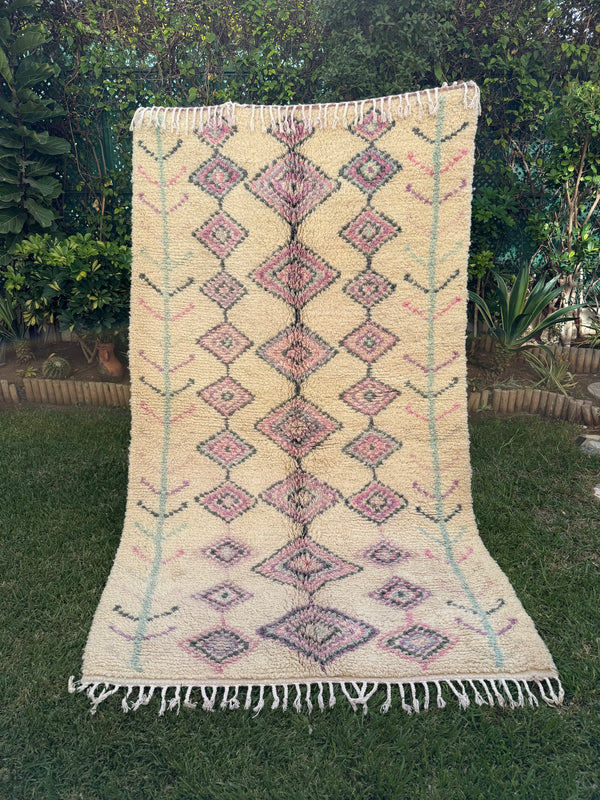 Tapis Berbère Azilal 100% Crème violet en Laine De Mouton 250m /1,41m