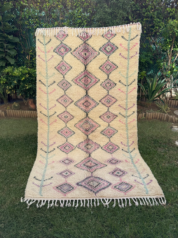 Tapis Berbère Azilal 100% Crème violet en Laine De Mouton 250m /1,41m