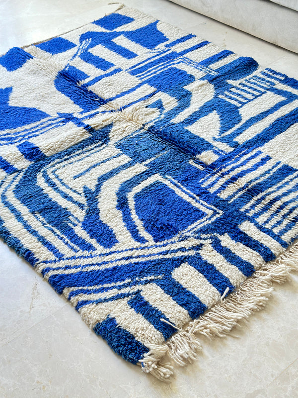 Tapis Azilal bleu et blanc 2m/1,64m - Ajbir