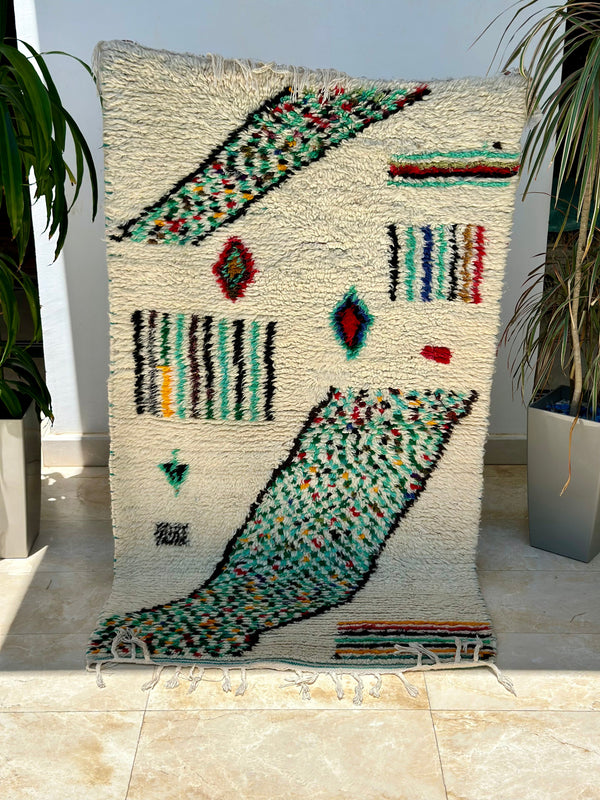 Tapis Azilal crème, turquoise 166cm/95cm - Ajbir