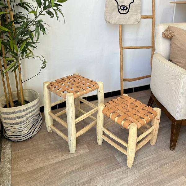 Tabouret traditionnel en bois et cuir petit - Ajbir