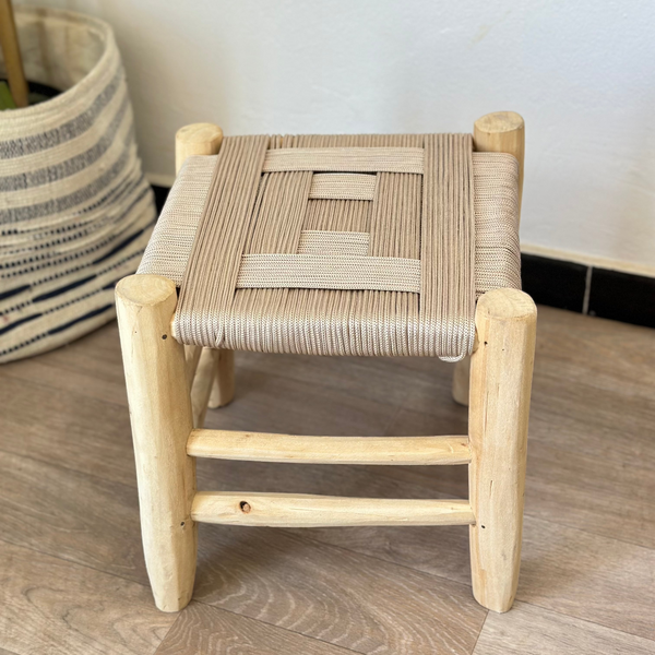 Tabouret traditionnel en bois et kittane crème petit - Ajbir