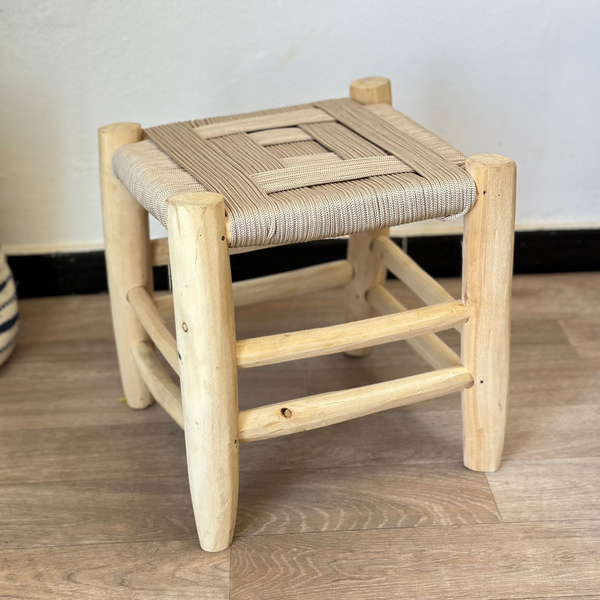 Tabouret traditionnel en bois et kittane crème petit - Ajbir