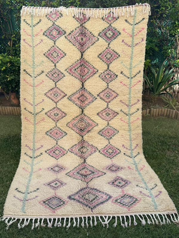 Tapis Berbère Azilal 100% Crème violet en Laine De Mouton 250m /1,41m