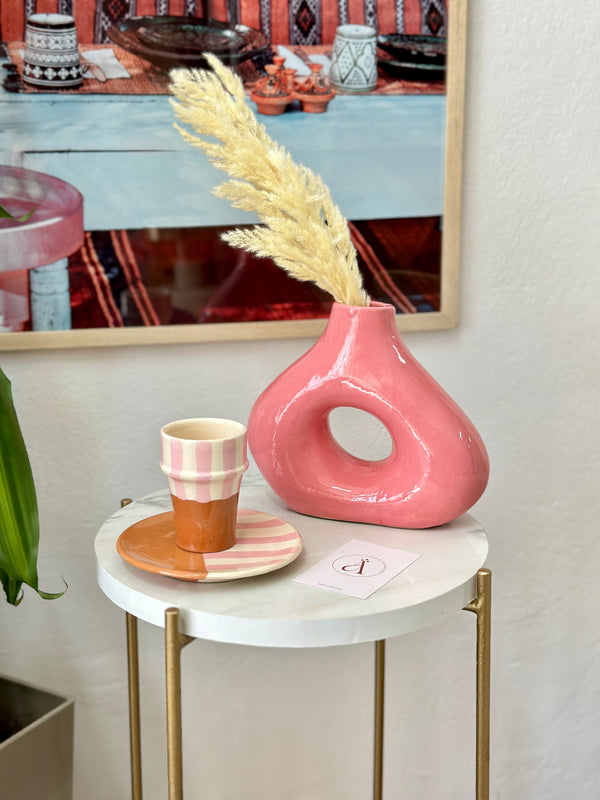 Tasse à café rose rayée avec sous tasse - Ajbir