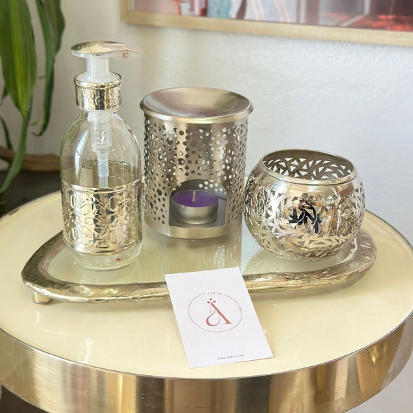 Distributeur de savon en verre et laiton argentée grand Zwak