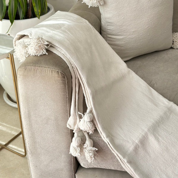 Plaid uni à pompon 90cm/180cm blanc - Ajbir