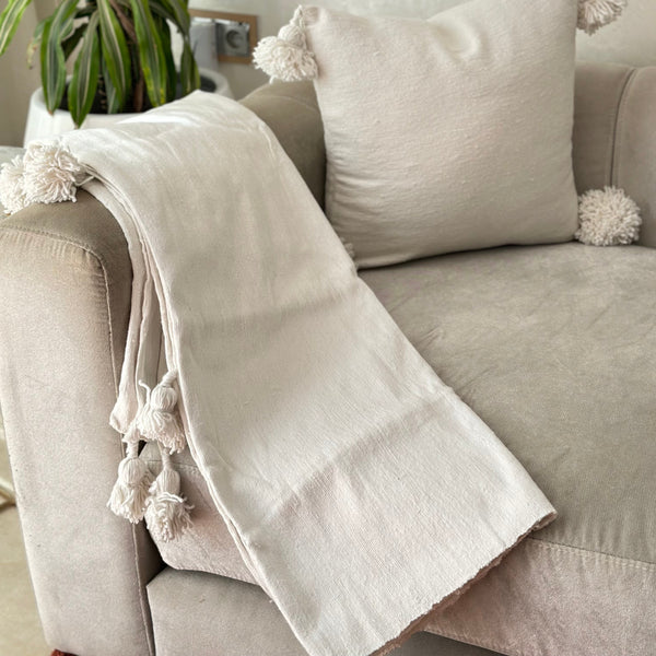 Plaid uni à pompon 90cm/180cm blanc - Ajbir