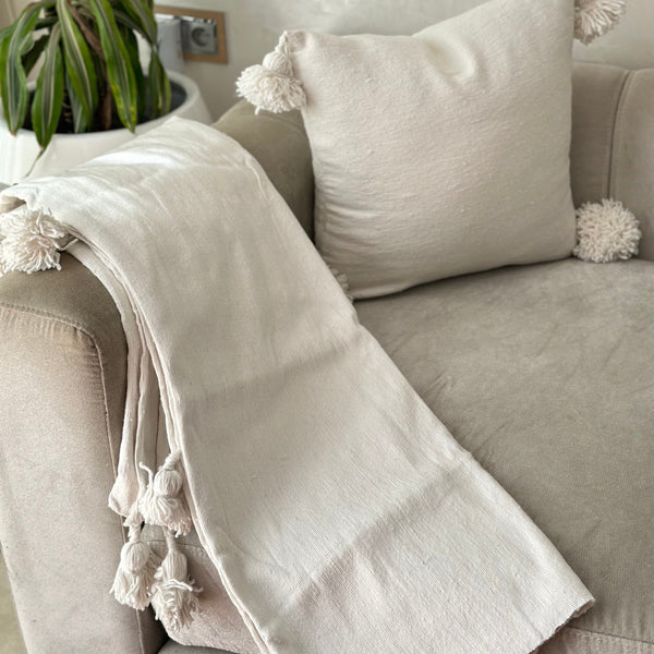 Plaid uni à pompon 90cm/180cm blanc - Ajbir