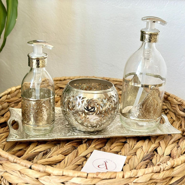 Distributeur de savon en verre et laiton argentée grand Zwak