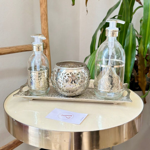 Distributeur de savon en verre et laiton argenté grand Adrar
