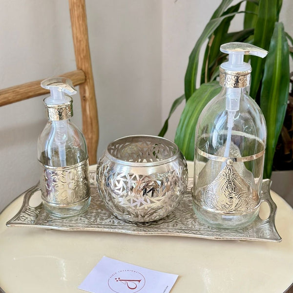 Distributeur de savon en verre et laiton argentée grand Zwak
