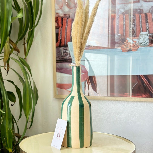 Vase bouteille bleu pétrole rayé grand - Ajbir