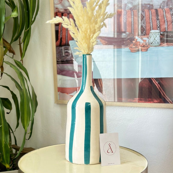 Vase bouteille bleu pétrole rayé grand - Ajbir