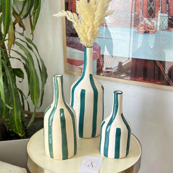 Vase bouteille bleu pétrole rayé grand - Ajbir