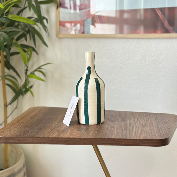 Vase bouteille bleu pétrole rayé