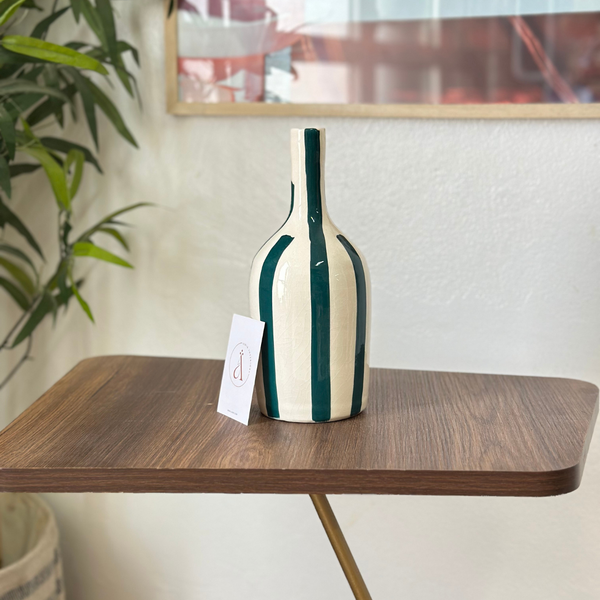 Vase bouteille bleu pétrole rayé