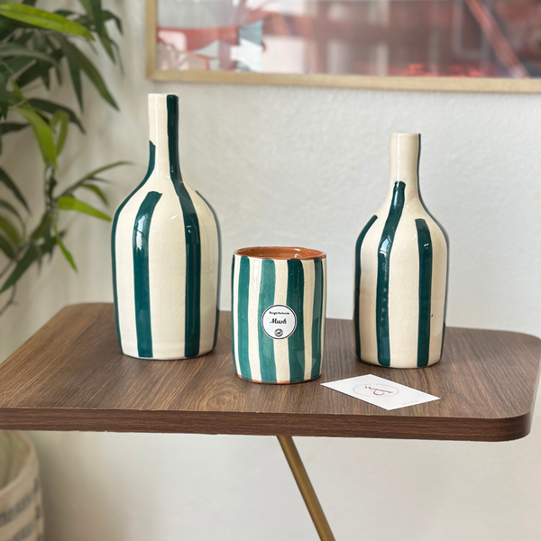 Vase bouteille bleu pétrole rayé