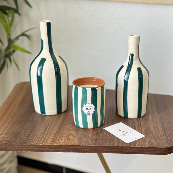 Vase bouteille bleu pétrole rayé