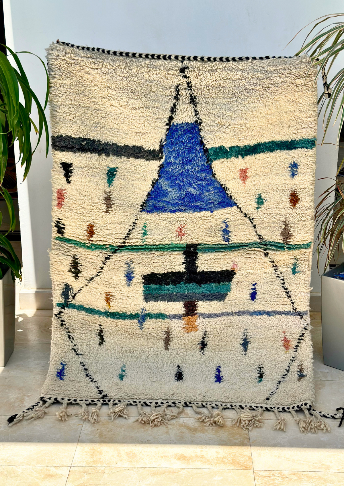 Tapis Azilal crème, bleu 150cm/105cm - Ajbir