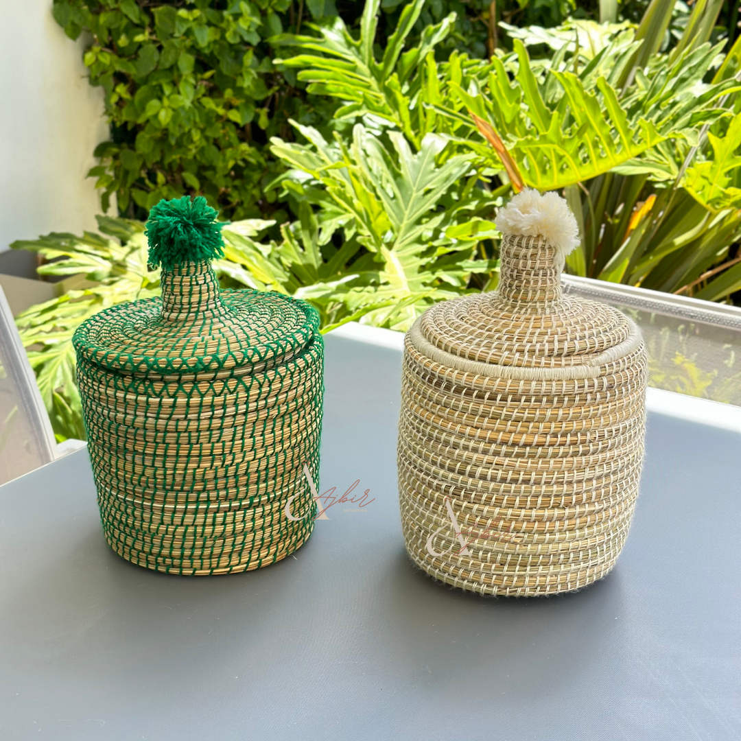 Grand panier de rangement fermé à pompon vert - Ajbir