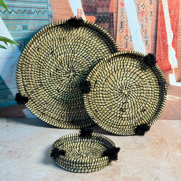 Plateau artisanal berbère Talount à pompons Noir