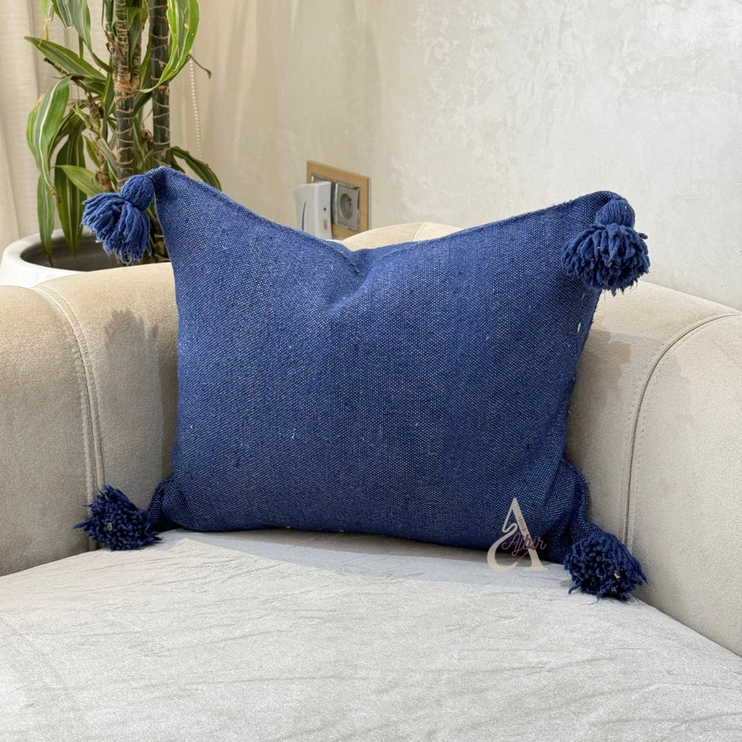 Housse de Coussin artisanale à pompons 45cmx45cm Bleu jean