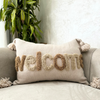 Housse de Coussin artisanale à pompons crème WELCOME 50cmx40cm