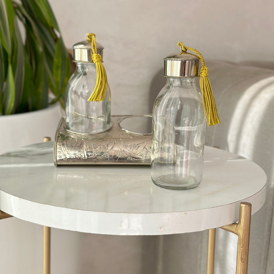 Set de 2 bouteilles en verre avec support en laiton argenté Zwak