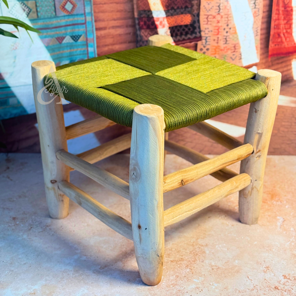 Tabouret artisanal AZEMMUR Bois naturel & tressage vert olive