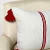 Housse de coussin artisanale à pompons 50cmx50cm rayée blanc et rouge
