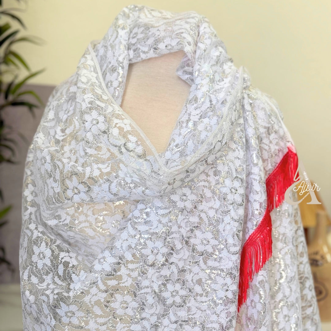Jupe Amazigh Tradionnelle en dentelle blanc et argenté + foulard assorti