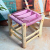 Tabouret artisanal TIZIRI Bois naturel & tressage rose et beige