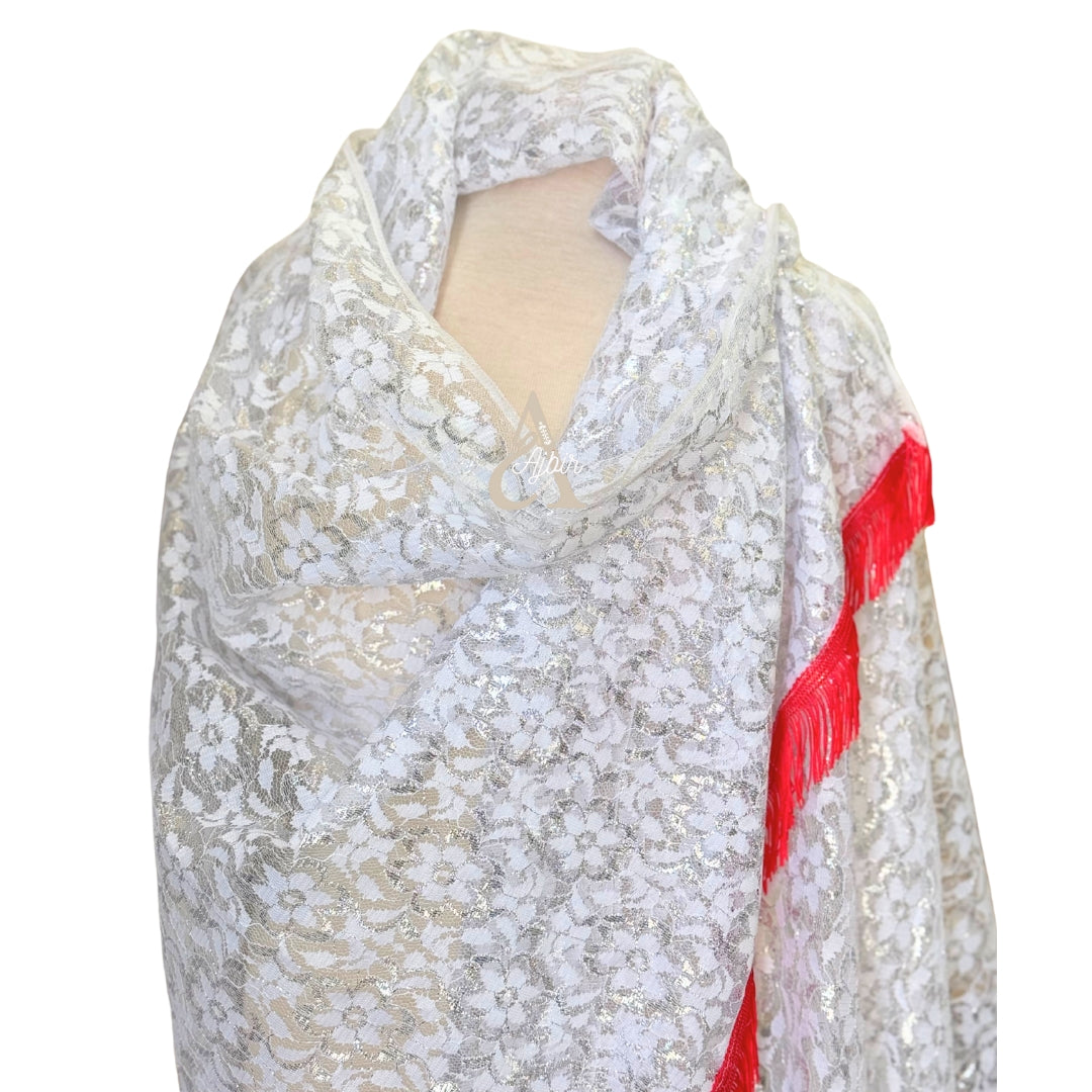 Jupe Amazigh Tradionnelle en dentelle blanc et argenté + foulard assorti