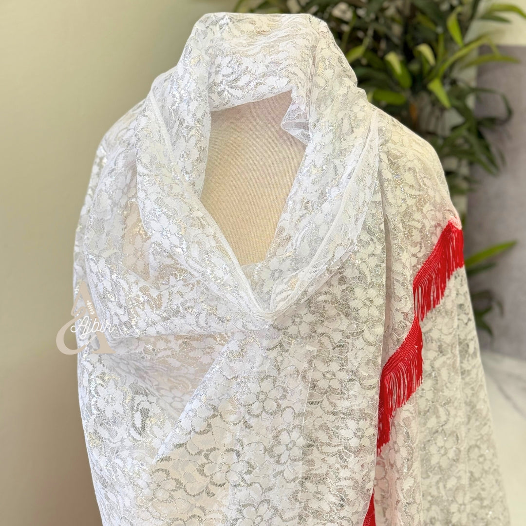 Jupe Amazigh Tradionnelle en dentelle blanc et argenté + foulard assorti