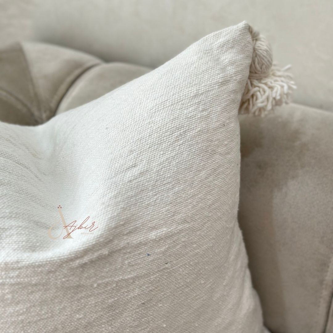 Housse de Coussin à pompons 50cmx50cm blanc - Ajbir