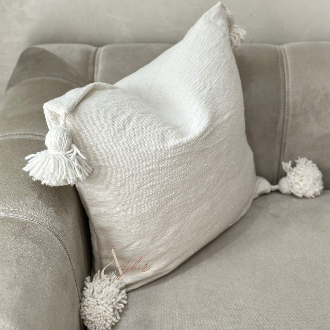 Housse de Coussin à pompons 50cmx50cm blanc - Ajbir
