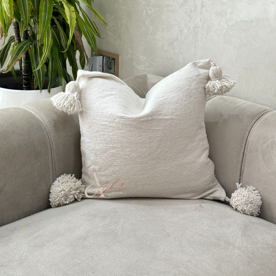 Housse de Coussin à pompons 50cmx50cm blanc - Ajbir