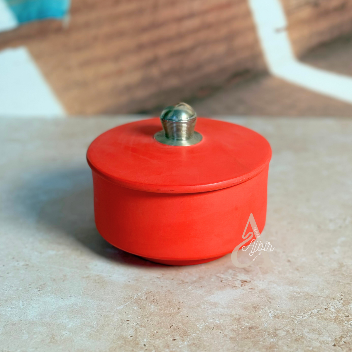 Boîte ronde en céramique rouge corail multi usage