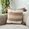 Housse de Coussin à pompons rayé beige et blanc 50cmx50cm - Ajbir