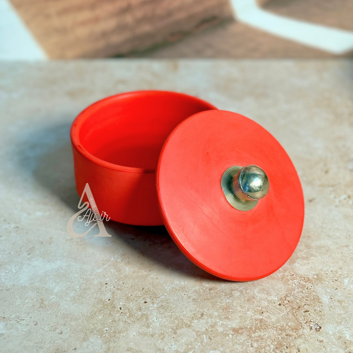 Boîte ronde en céramique rouge corail multi usage
