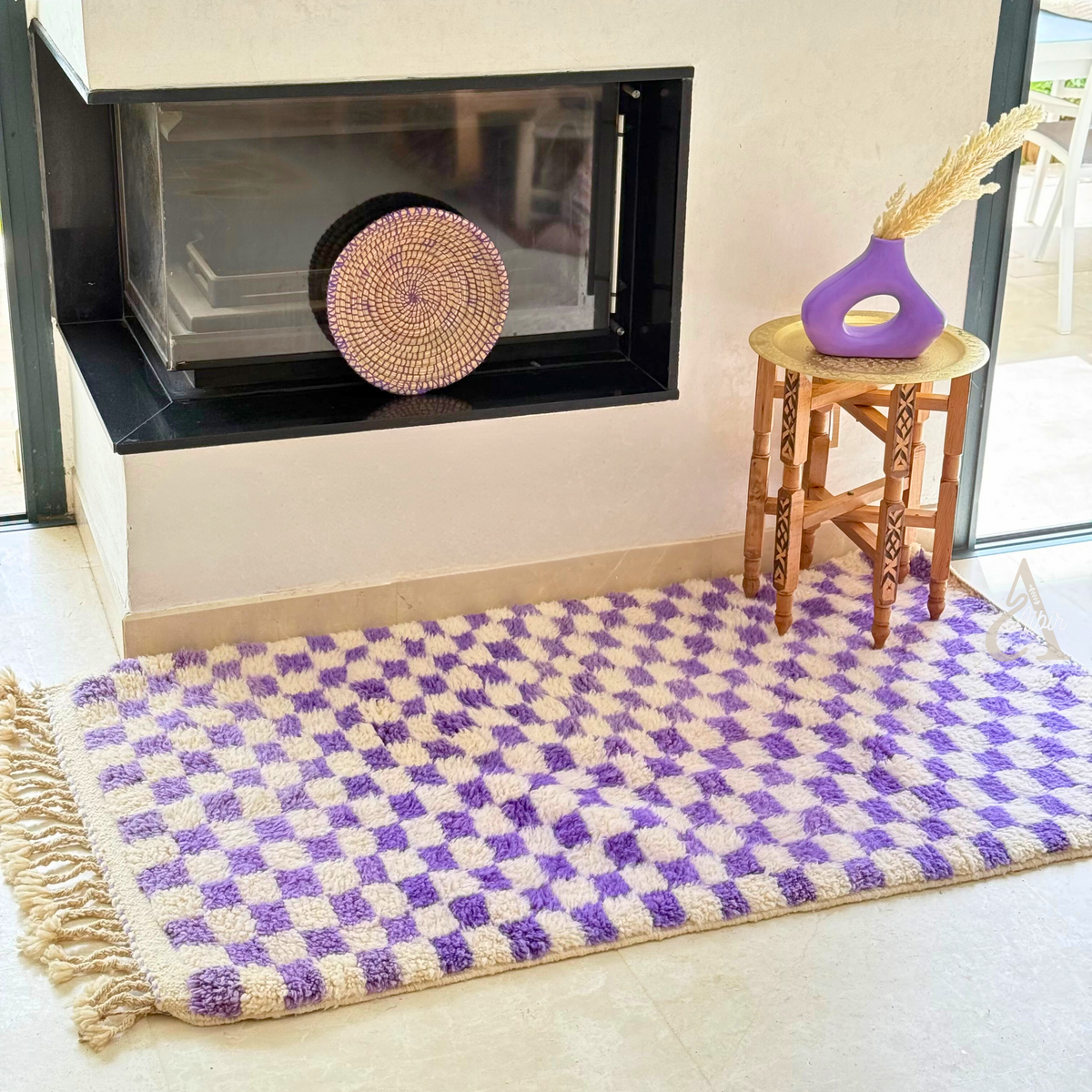 Tapis berbère Beni Ouarain damier crème  et mauve 100% laine de mouton - 168cm / 100cm