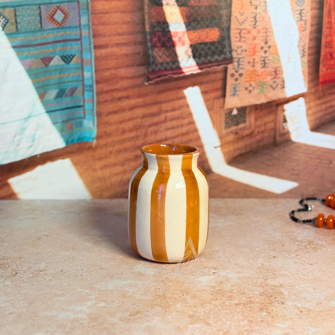 Vase Rayé Crème & Marron Clair en céramique artisanale