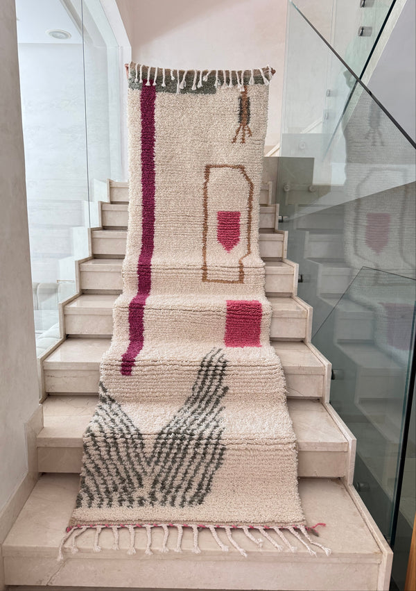 Tapis Berbère Runner Azilal 100% Crème, Fushia et gris en Laine De Mouton- 2,86m /79cm