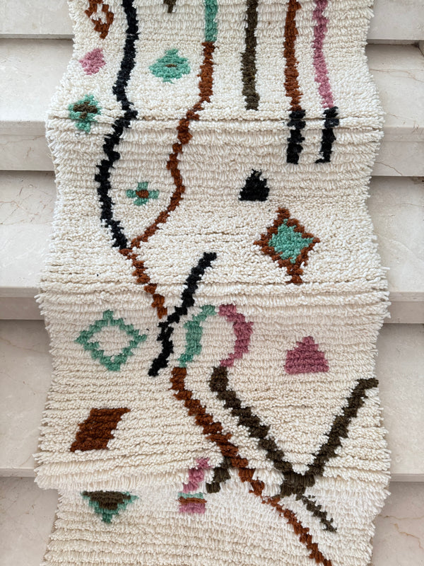 Tapis Berbère Runner Azilal 100% Multicolore en Laine De Mouton3,07m/71cm